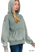 Ash jade Zenana fleece hoodie with acid wash finish, ribbed cuffs and hem, featuring a kangaroo pocket