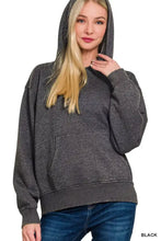 Dark gray heathered zenana fleece acid wash hoodie with ribbed cuffs hem front kangaroo pocket and hood