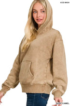 A deep camel-colored zenana fleece acid wash kangaroo pocket hoodie with soft texture and ribbed cuffs and hem