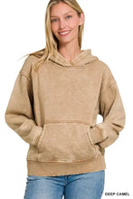 Deep camel-colored zenana fleece acid wash kangaroo pocket hoodie with oversized fit and ribbed cuffs and hem
