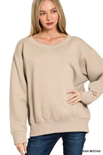 Ash mocha fleece boat neck sweatshirt by Zenana featuring oversized relaxed fit with ribbed cuffs and hem