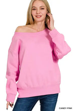 Candy pink Zenana fleece boat neck sweatshirt with off-the-shoulder design, long sleeves, and ribbed cuffs
