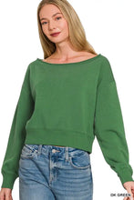 Dark green fleece off the shoulder cropped Zenana sweatshirt with ribbed cuffs and hem featuring a boat neck design