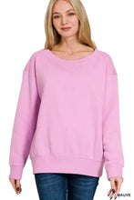 Zenana fleece boat neck sweatshirt in soft mauve with wide crew neckline and ribbed cuffs in a loose fit fleece boat style