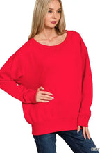 A vibrant red zenana fleece boat neck sweatshirt with a loose fit and long sleeves for casual wear