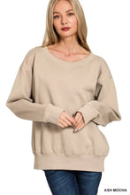 Zenana fleece boat neck sweatshirt in ash mocha color with loose fit wide neckline and ribbed cuffs made of soft fleece