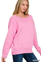Candy pink fleece boat neck sweatshirt with oversized relaxed fit and ribbed cuffs by zenana fleece boat neck sweatshirt