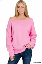 Candy pink Zenana fleece boat neck sweatshirt with off-the-shoulder loose fit and ribbed cuffs