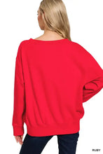 Red long-sleeved fleece boat neck sweatshirt by zenana with wide crew neckline and ribbed cuffs