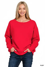Red soft cotton fleece boat neck sweatshirt with dropped shoulders and ribbed cuffs by zenana
