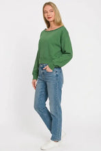 Soft green zenana fleece boat neck sweatshirt with long sleeves cropped fit and ribbed cuffs for casual wear