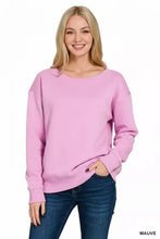 Zenana fleece boat neck sweatshirt in soft mauve with a relaxed fit and ribbed cuffs made from cozy fleece fabric