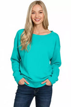 Teal fleece boat neck sweatshirt by zenana with relaxed fit long sleeves and dropped shoulder design