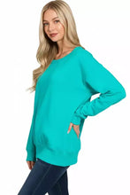 Teal fleece boat neck sweatshirt by zenana with long sleeves, relaxed fit, and ribbed cuffs made of fleece boat material