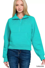 Turquoise zenana fleece half zip sweatshirt with soft fleece material ribbed cuffs and kangaroo pocket