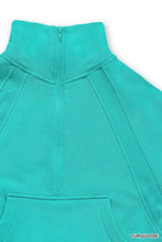 Turquoise zenana fleece half zip sweatshirt with soft fleece fabric ribbed cuffs and front kangaroo pocket