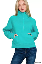 Turquoise zenana fleece half zip sweatshirt made of soft fleece with ribbed cuffs and hem for casual wear