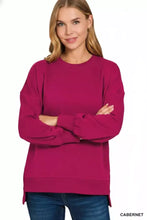 Magenta fleece sweatshirt with long sleeves and hi-low hemline extending below the waist by zenana fleece sweatshirt