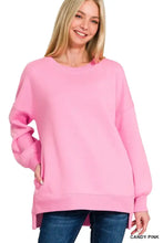 Candy pink zenana fleece hi-low boyfriend sweatshirt with relaxed fit and side pockets ideal for pairing tips