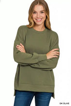 Dark olive zenana fleece hi-low boyfriend sweatshirt with pockets relaxed fit and hemmed cuffs pairs well with white sneakers