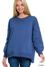 Navy blue zenana fleece hi-low boyfriend sweatshirt with soft fabric ribbed cuffs and crew neck ideal with ankle boots