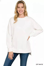 Off-white zenana fleece hi-low boyfriend sweatshirt with pockets featuring a relaxed fit and slightly stretchy fabric
