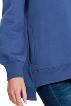 Blue zenana fleece hi-low boyfriend sweatshirt with side pocket ribbed cuffs and hem, pairs well with ankle boots