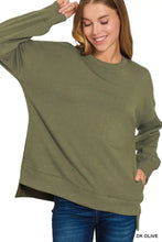Dark olive fleece hi-low boyfriend sweatshirt with relaxed fit and side pockets, perfect best fit with white sneakers or ankle boots