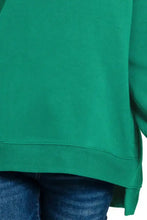 A vibrant green zenana fleece hi-low boyfriend sweatshirt with soft texture, relaxed fit, ribbed hem, and pockets