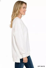 Off white oversized zenana fleece boyfriend sweatshirt with long sleeves relaxed fit and pockets for best fit