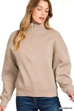 Zenana fleece ash mocha high neck half zip sweatshirt with long sleeves, ribbed cuffs, and relaxed fit design