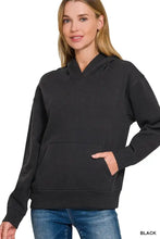 Black zenana fleece kangaroo pocket hoodie with ribbed cuffs and front pocket for casual comfort and warmth