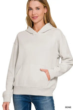 Bone-colored zenana fleece kangaroo pocket hoodie made of soft slightly stretchy cotton with a relaxed fit and front pocket