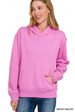 Bright mauve zenana fleece kangaroo pocket hoodie with ribbed cuffs ideal for casual outing and machine wash cold care