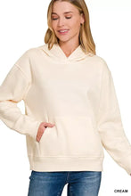 Cream-colored zenana fleece kangaroo pocket hoodie made of soft cotton with relaxed fit and front kangaroo pocket