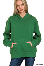 Dark green zenana fleece kangaroo pocket hoodie with front pockets and ribbed cuffs for casual wear