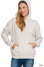 Bone-colored zenana fleece kangaroo pocket hoodie made of soft slightly stretchy cotton with a relaxed fit and front pockets