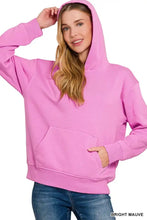 Bright mauve Zenana fleece kangaroo pocket hoodie with ribbed cuffs designed for casual outing and machine wash cold