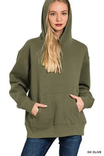Dark olive zenana fleece hoodie with kangaroo pocket and ribbed cuffs perfect for casual layering and pairing suggestions