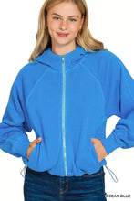 Ocean blue Zenana fleece pigment dye zip up hoodie with ribbed cuffs hem and adjustable drawstring waist pockets