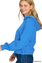 Ocean blue Zenana fleece pigment dye zip up hoodie with ribbed cuffs drawstring waist and pockets
