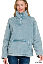 Blue grey distressed fleece pullover with high neck kangaroo pocket and front button closure by zenana fleece washed
