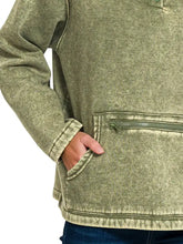 Olive green textured fleece high neck kangaroo pocket pullover with front zipper pocket and ribbed cuffs by zenana