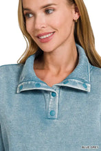 Blue grey denim-like polo shirt with teal buttons paired with zenana fleece washed high neck kangaroo pocket sweatshirt