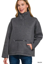 Black heathered Zenana fleece pullover with high neck design, half-zip collar, and front kangaroo pocket