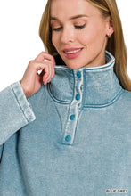 Blue grey denim style zenana fleece washed high neck kangaroo pocket sweatshirt with teal buttons
