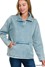 Blue grey denim-style zenana fleece washed high neck kangaroo pocket pullover with buttoned collar and front zipper pocket