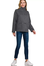 Zenana fleece washed dark gray pullover with high neck design and kangaroo pocket in soft heathered fleece material