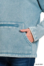 Blue grey denim-style fleece high neck kangaroo pocket sweatshirt with front zipper pocket and ribbed cuffs by zenana