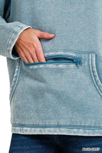 Blue grey denim style zenana fleece sweatshirt with high neck kangaroo pocket and ribbed cuffs with front zipper pocket